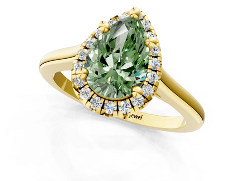 Yellow gold Fancy Green Pear Cut Halo Round Diamond Solitaire Engagement Ring with Pave Band and Four-Prong Setting_13