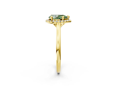 Yellow gold Fancy Green Pear Cut Halo Round Diamond Solitaire Engagement Ring with Pave Band and Four-Prong Setting_14