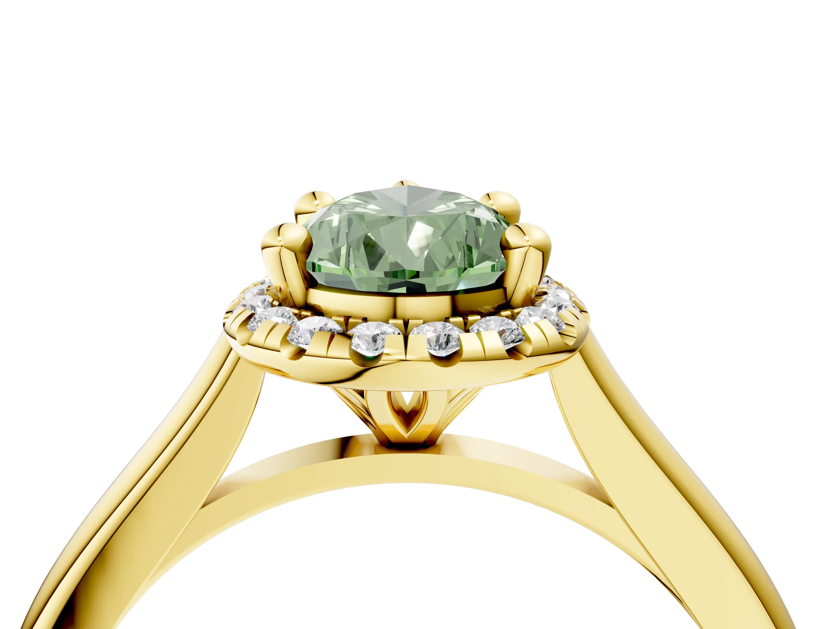Yellow gold Fancy Green Pear Cut Halo Round Diamond Solitaire Engagement Ring with Pave Band and Four-Prong Setting_16