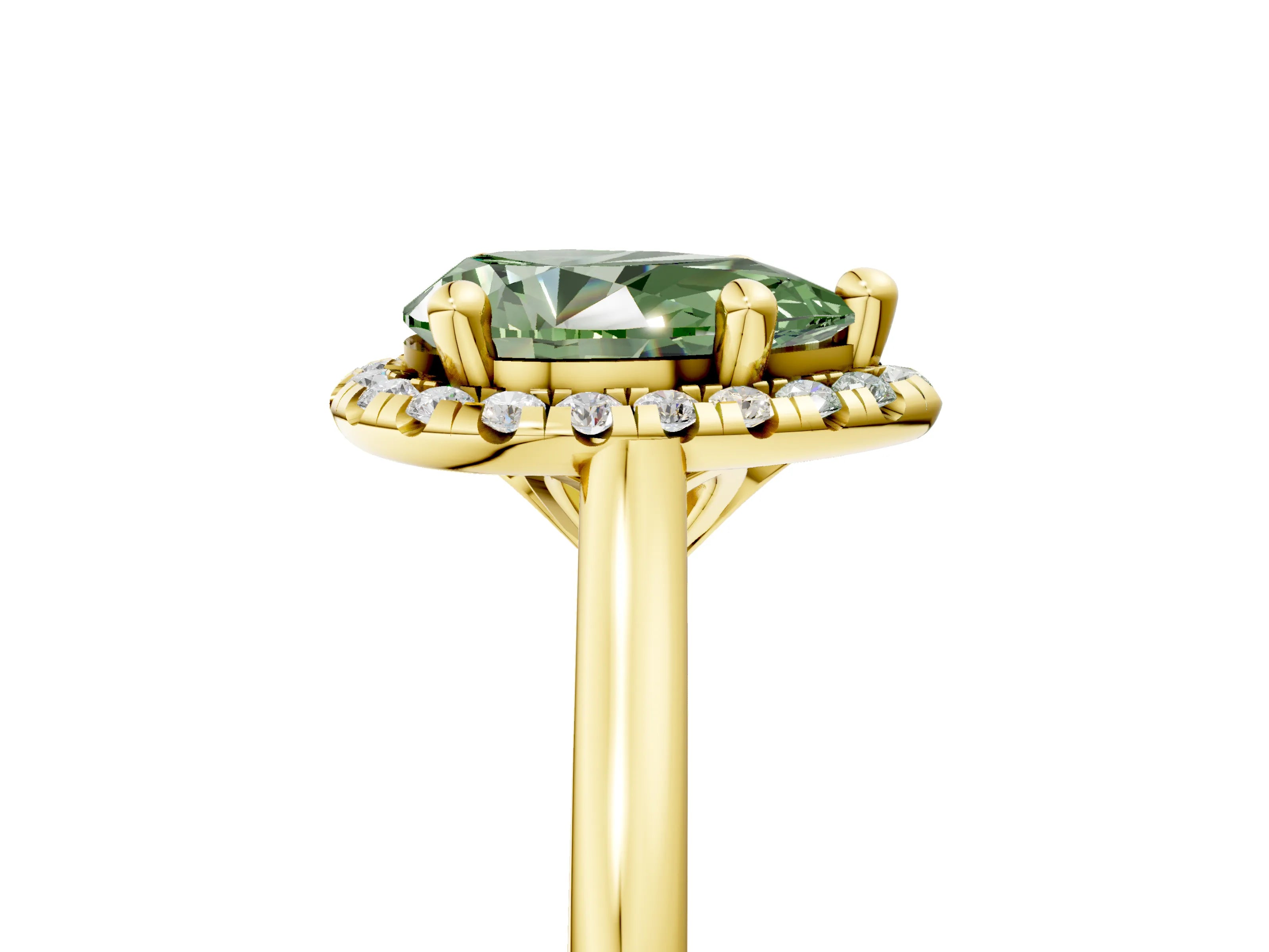 Yellow gold Fancy Green Pear Cut Halo Round Diamond Solitaire Engagement Ring with Pave Band and Four-Prong Setting_17