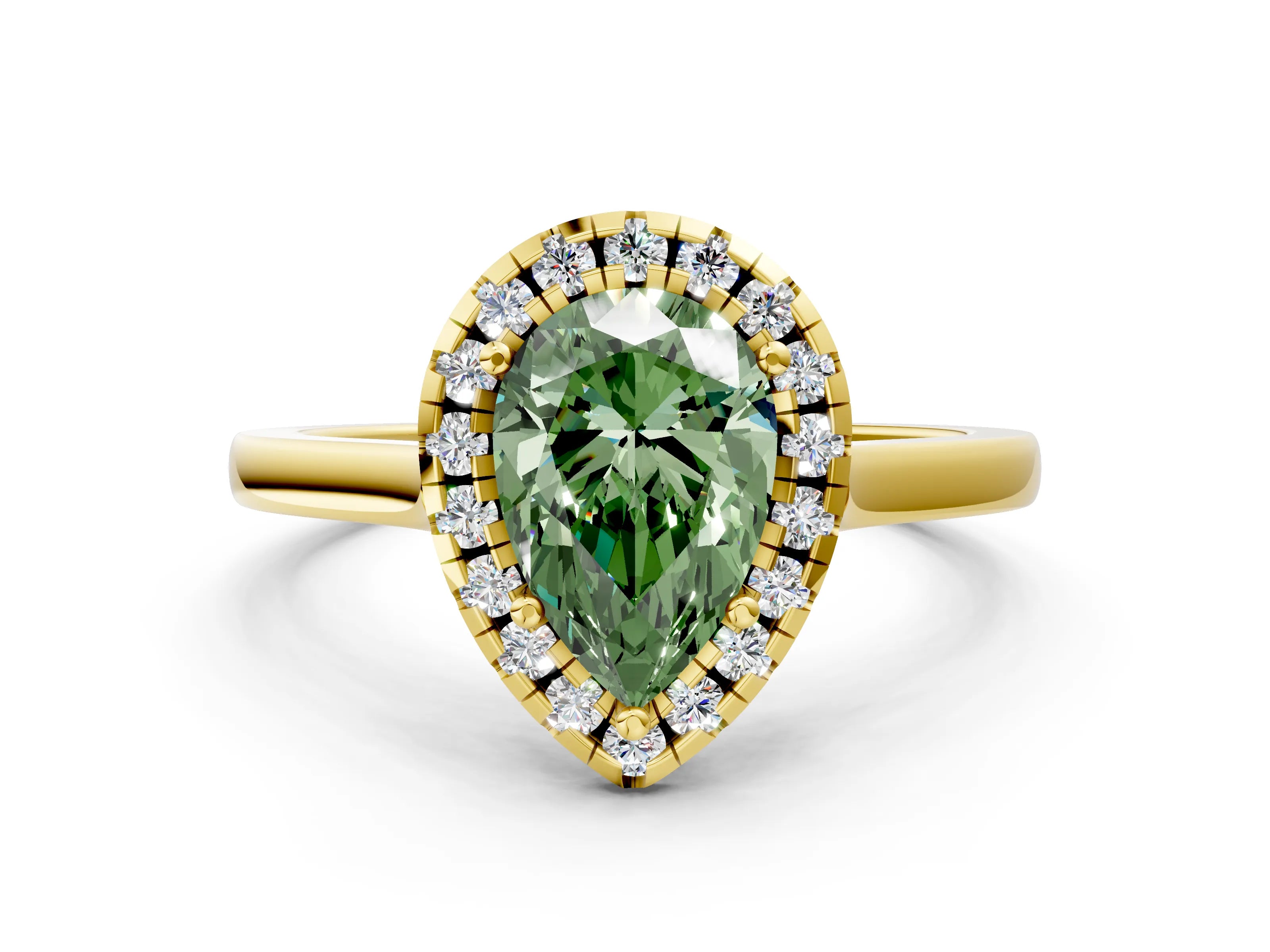 Yellow gold Fancy Green Pear Cut Halo Round Diamond Solitaire Ring with Pavé Band and Four-Prong Setting_12