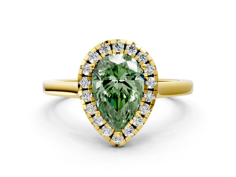 Yellow gold Fancy Green Pear Cut Halo Round Diamond Solitaire Ring with Pavé Band and Four-Prong Setting_12