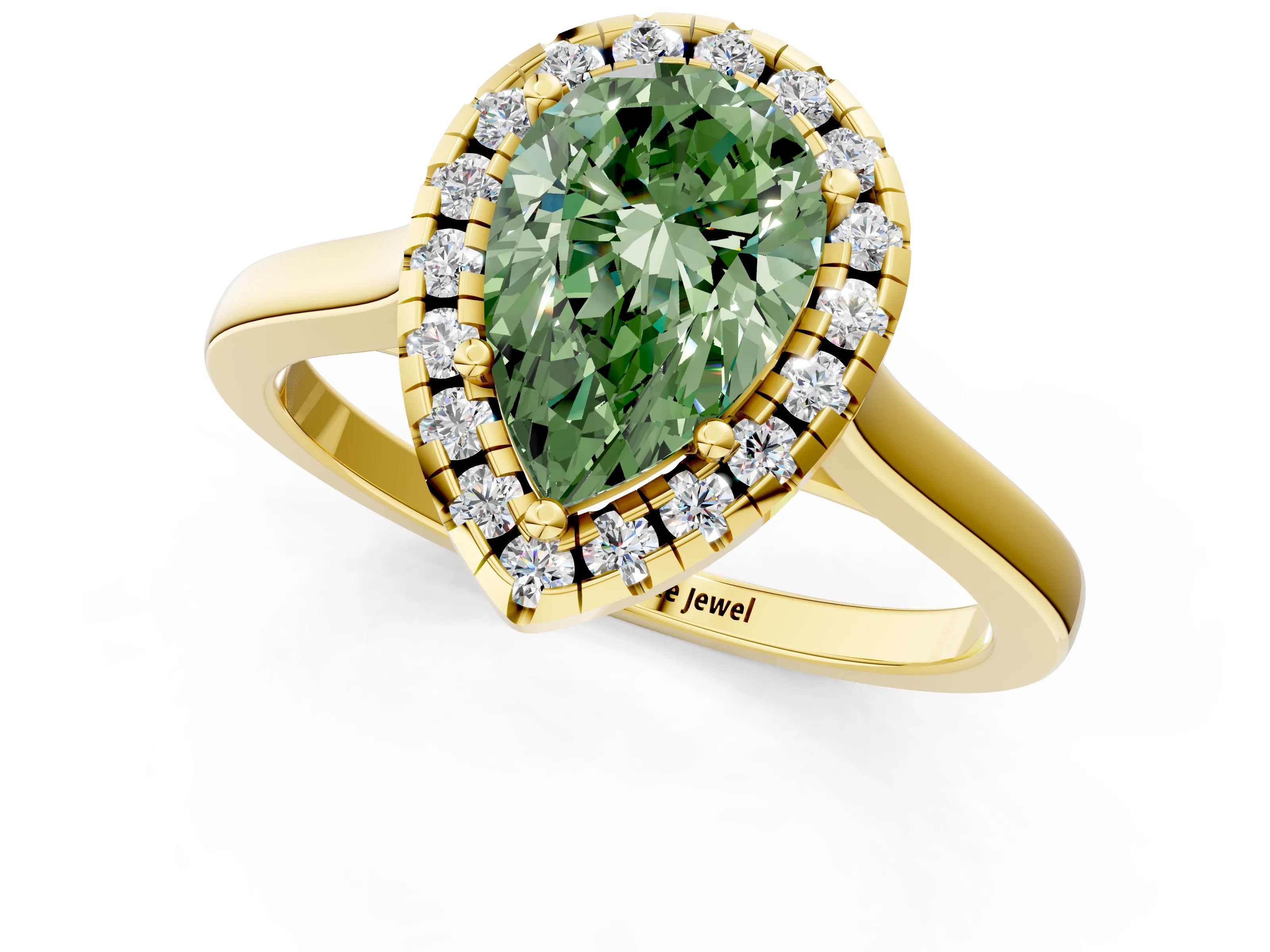 Yellow gold Fancy Green Pear Cut Halo Round Diamond Solitaire Ring with Pavé Band and Four-Prong Setting_13