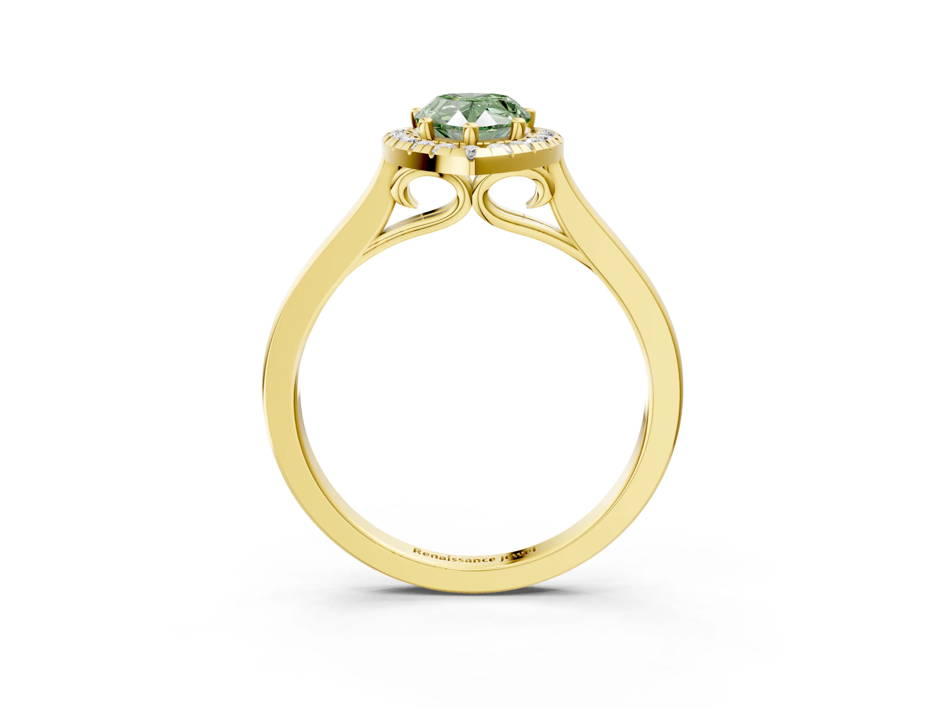 Yellow gold Fancy Green Pear Cut Halo Round Diamond Solitaire Ring with Pavé Band and Four-Prong Setting_15