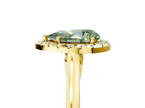 Yellow gold Fancy Green Pear Cut Halo Round Diamond Solitaire Ring with Pavé Band and Four-Prong Setting_17