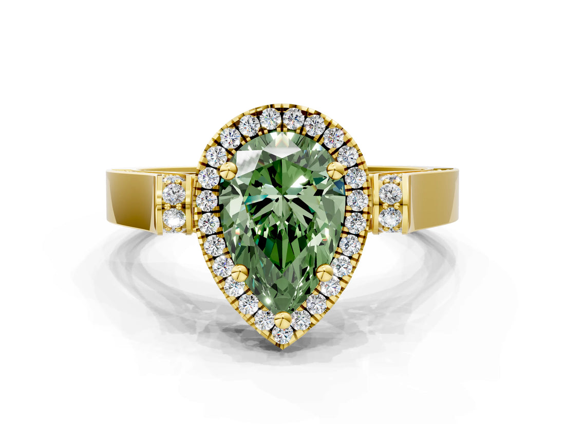 Yellow gold Fancy Green Pear Cut Halo Round Diamond Twist Band with Four-Prong Setting