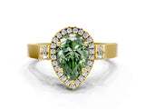 Yellow gold Fancy Green Pear Cut Halo Round Diamond Twist Band with Four-Prong Setting