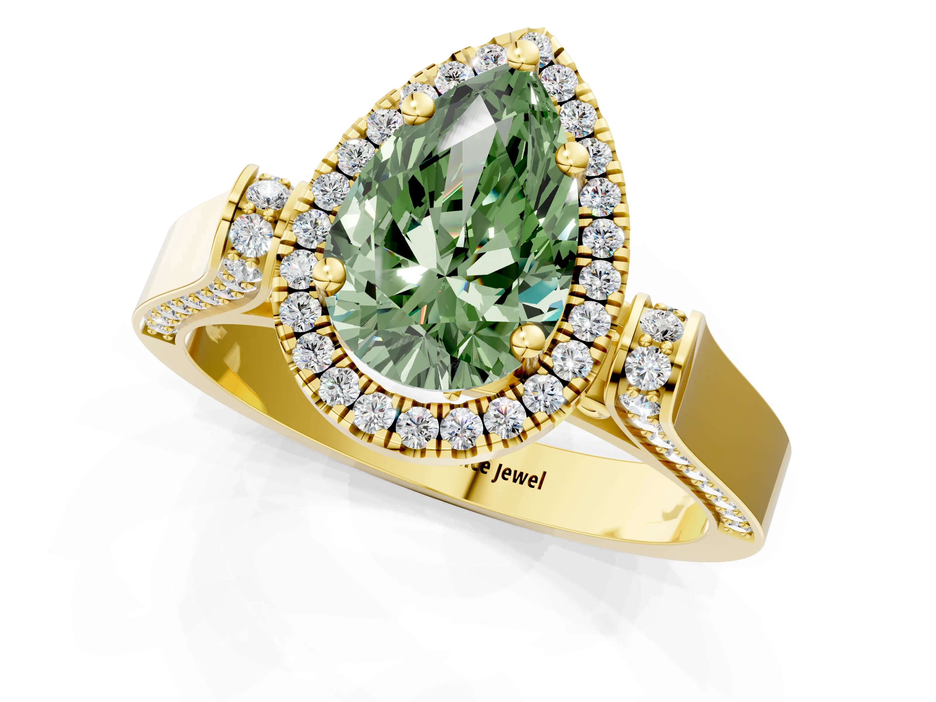 Yellow gold Fancy Green Pear Cut Halo Round Diamond Twist Band with Four-Prong Setting_1