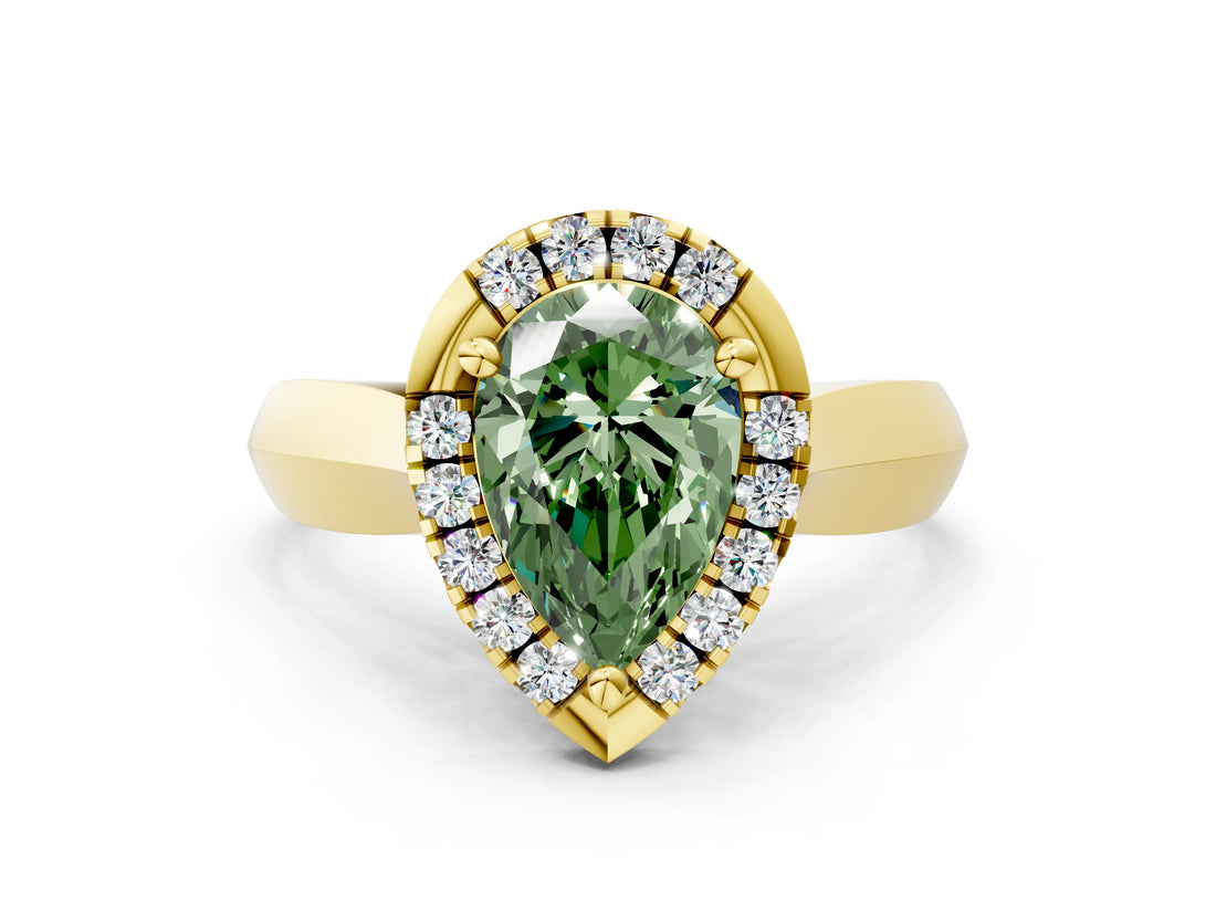 Yellow gold Fancy Green Pear  Cut Halo Solitaire Engagement Ring with Square Band and Four-Prong Setting_66