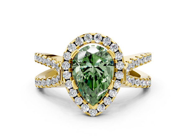 Yellow gold Fancy Green Pear Cut Diamond Halo Ring with Split Shank Pavé Band and Prong Setting