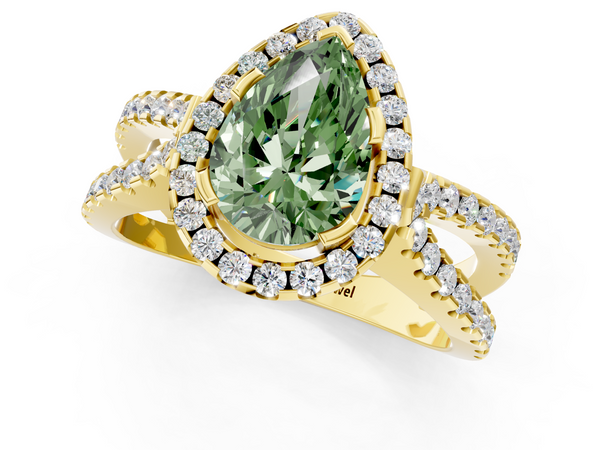 Yellow gold Fancy Green Pear Cut Diamond Halo Ring with Split Shank Pavé Band and Prong Setting