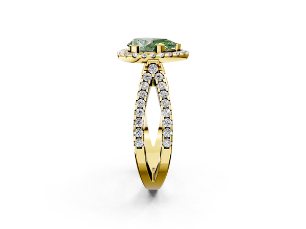 Yellow gold Fancy Green Pear Cut Diamond Halo Ring with Split Shank Pavé Band and Prong Setting
