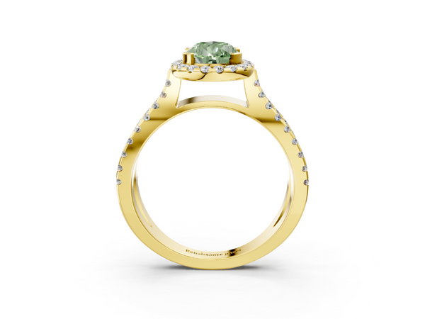 Yellow gold Fancy Green Pear Cut Diamond Halo Ring with Split Shank Pavé Band and Prong Setting