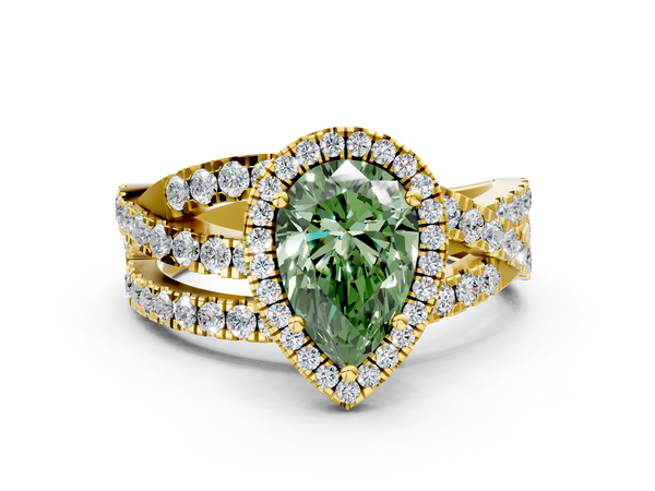 Yellow gold Fancy Green Pear  Cut Halo Split Shank Prong Setting Ring