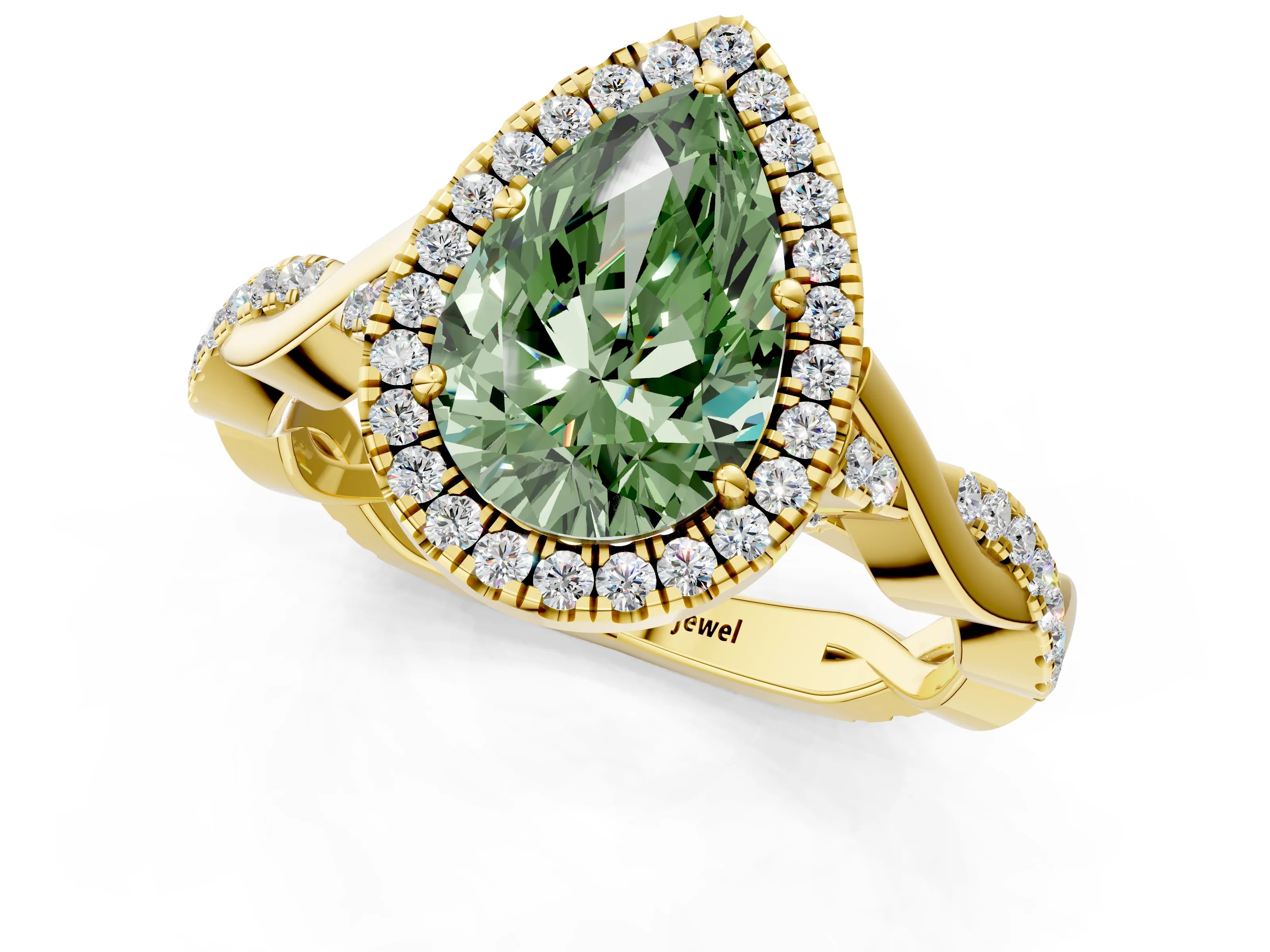 Yellow gold Fancy Green Pear Cut Halo Twist Band with Four-Prong Setting_1