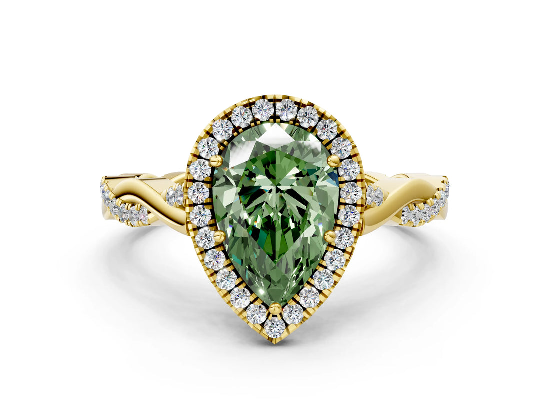 Yellow gold Fancy Green Pear Cut Halo Twist Band with Four-Prong Setting_12