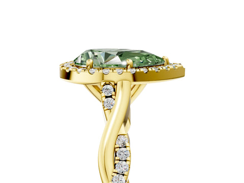 Yellow gold Fancy Green Pear Cut Halo Twist Band with Four-Prong Setting_5