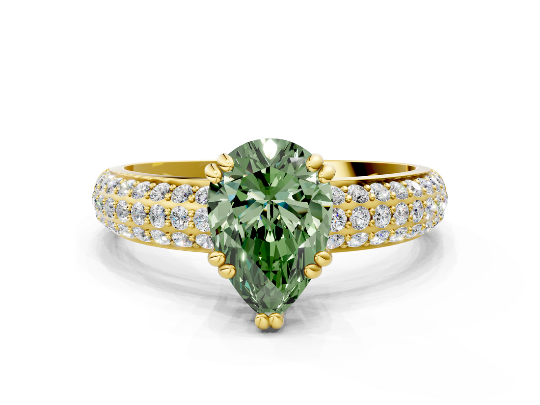 Yellow gold Fancy Green Pear  Cut Pave Diamond Engagement Ring with Channel Set Band and Four-Prong Setting_20
