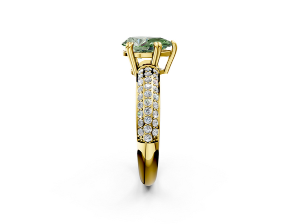 Yellow gold Fancy Green Pear  Cut Pave Diamond Engagement Ring with Channel Set Band and Four-Prong Setting