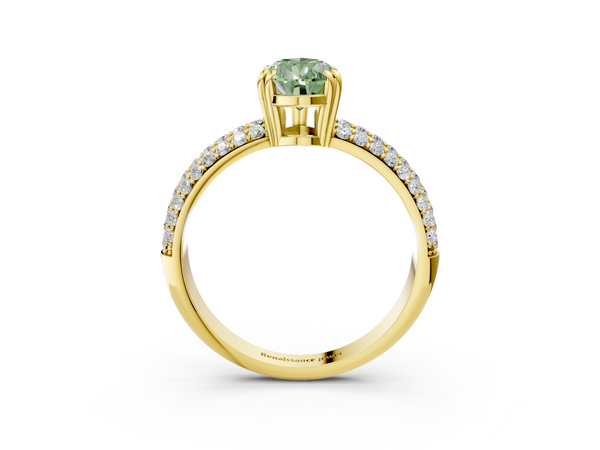 Yellow gold Fancy Green Pear  Cut Pave Diamond Engagement Ring with Channel Set Band and Four-Prong Setting