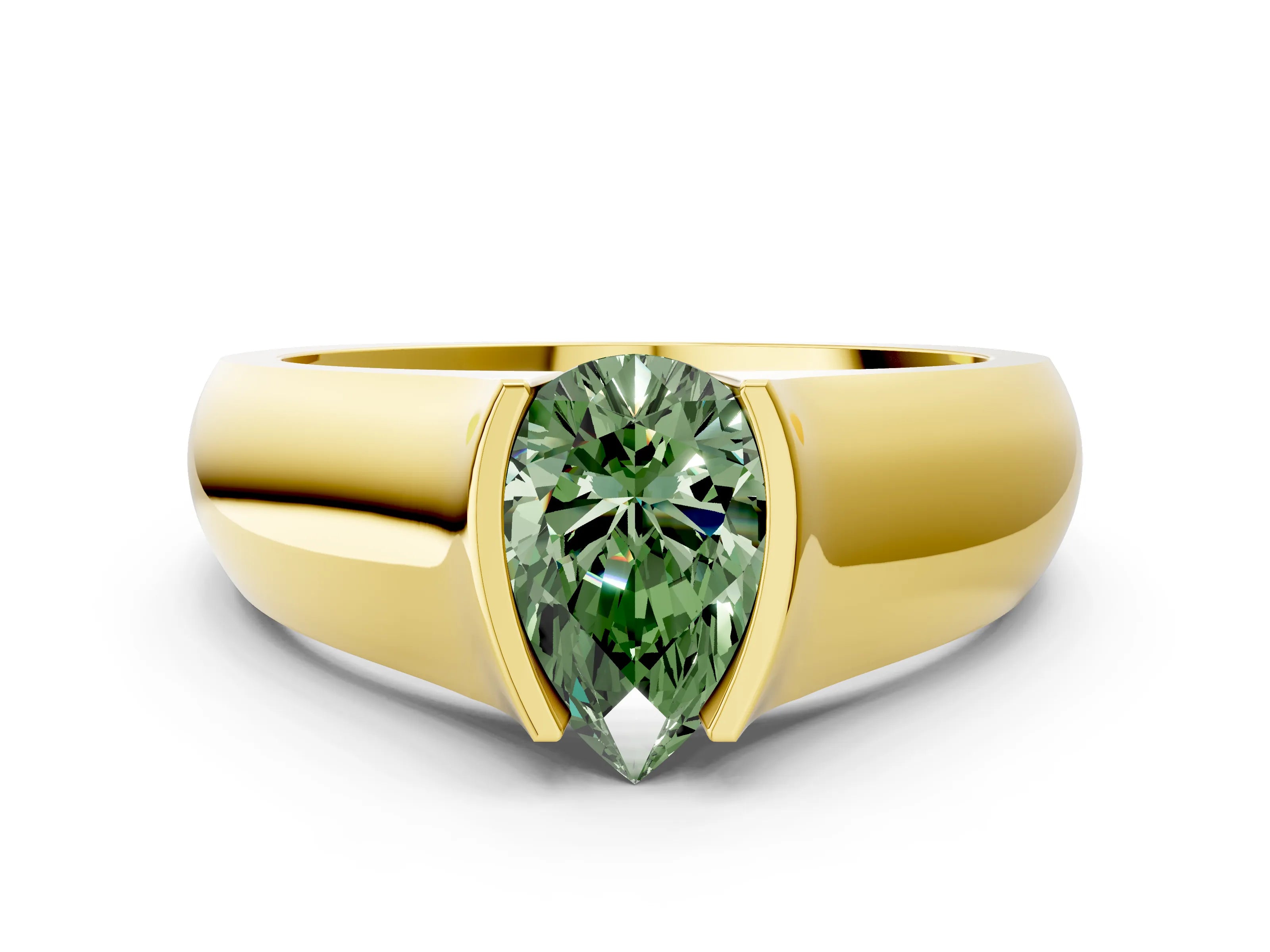 Yellow gold Fancy Green Pear Cut Solitaire Bezel Set Diamond Ring with Wide Band