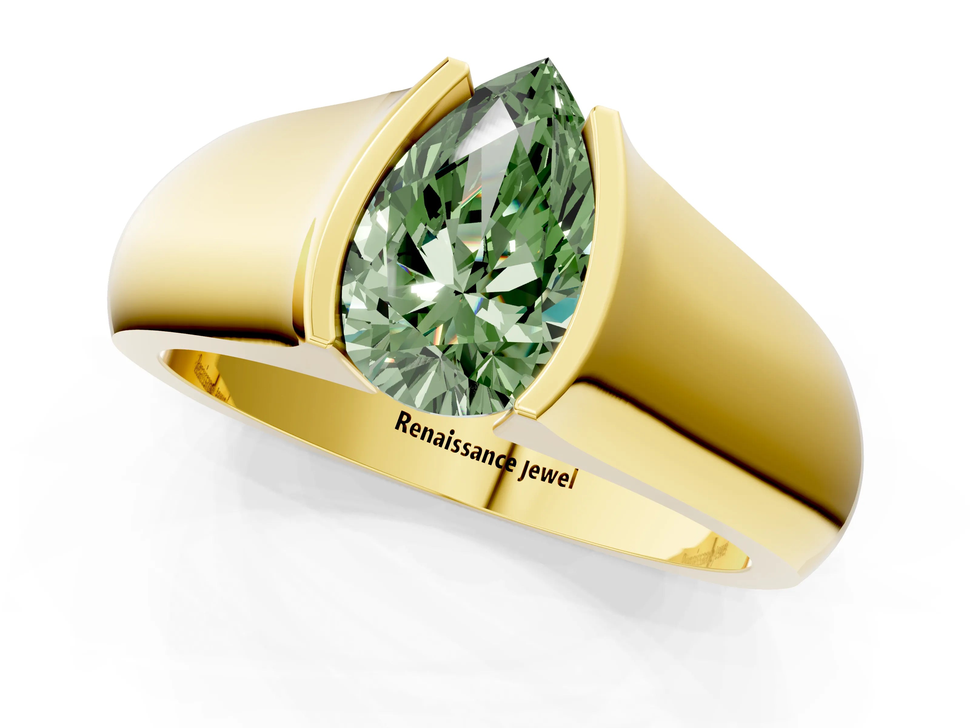 Yellow gold Fancy Green Pear Cut Solitaire Bezel Set Diamond Ring with Wide Band_1