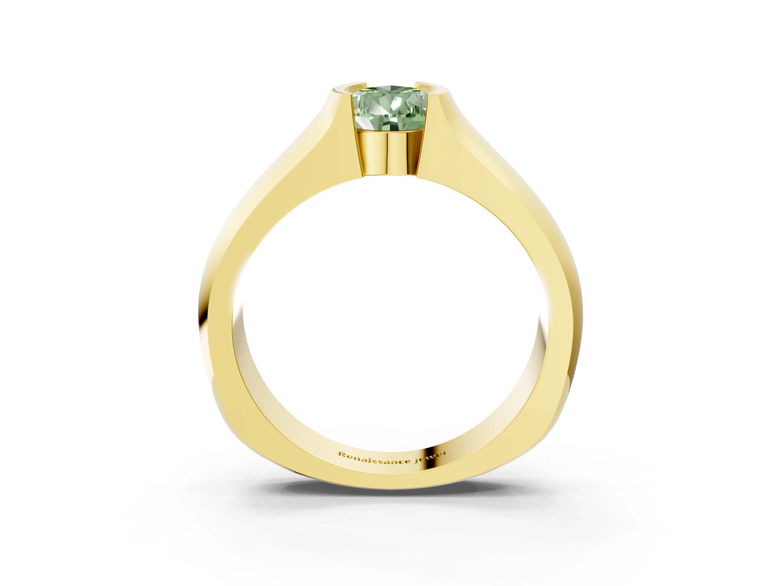 Yellow gold Fancy Green Pear Cut Solitaire Bezel Set Diamond Ring with Wide Band_3