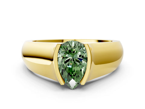 Yellow gold Fancy Green Pear Cut Solitaire Bezel Set Diamond Ring with Wide Band