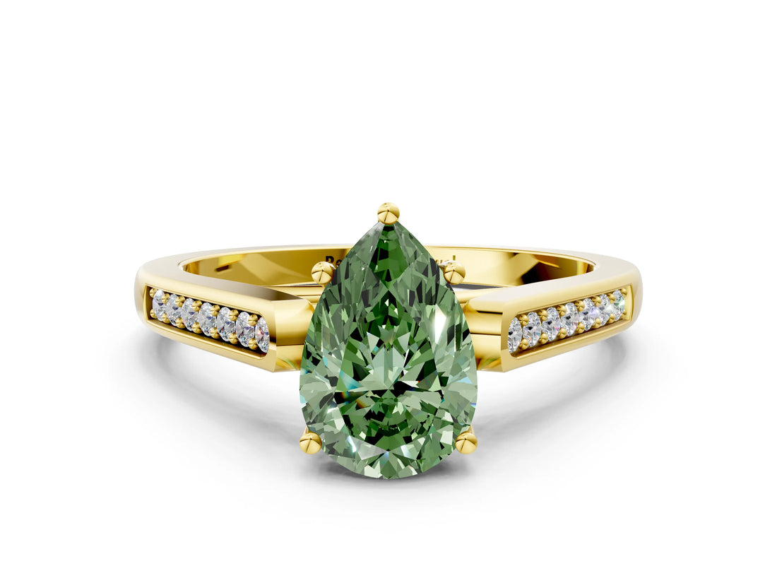 Yellow gold Fancy Green Pear Cut Solitaire Cathedral Diamond Engagement Ring with Channel-Set Band and Four-Prong Setting_3