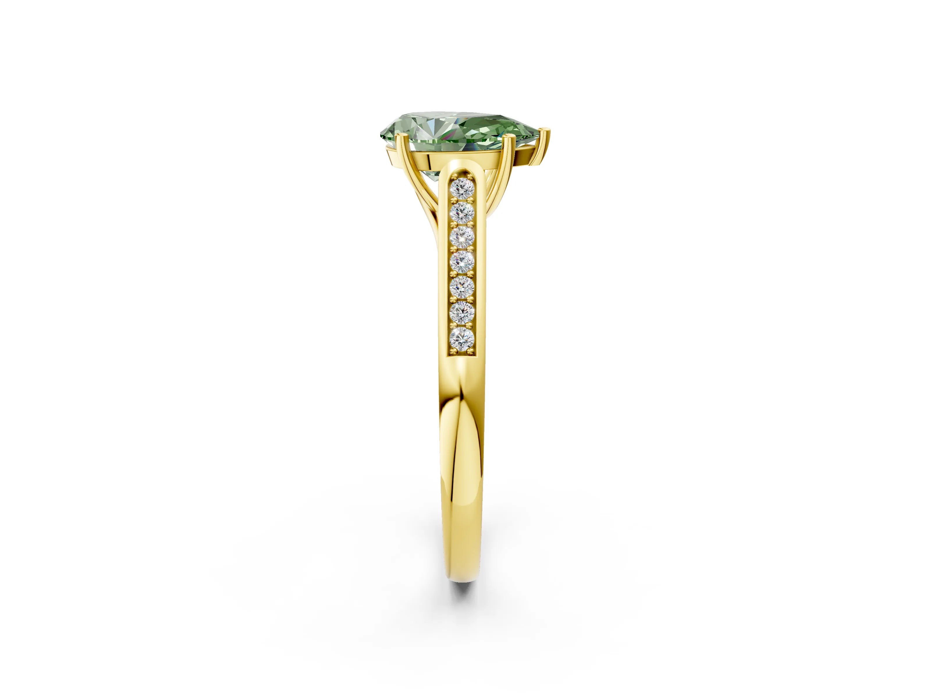 Yellow gold Fancy Green Pear Cut Solitaire Cathedral Diamond Engagement Ring with Channel-Set Band and Four-Prong Setting_5