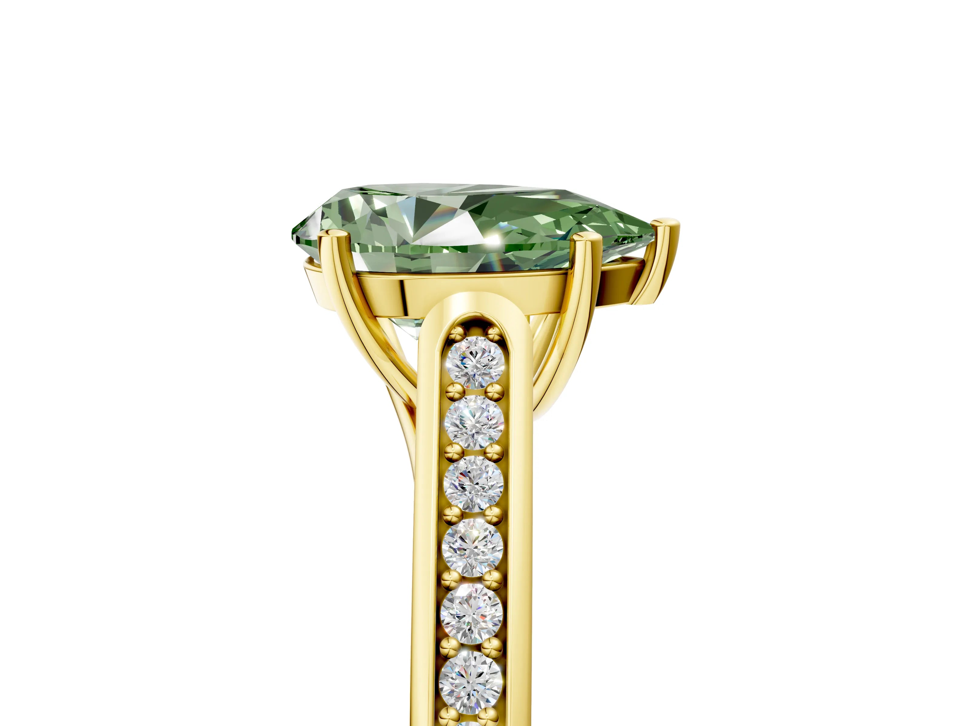 Yellow gold Fancy Green Pear Cut Solitaire Cathedral Diamond Engagement Ring with Channel-Set Band and Four-Prong Setting_8