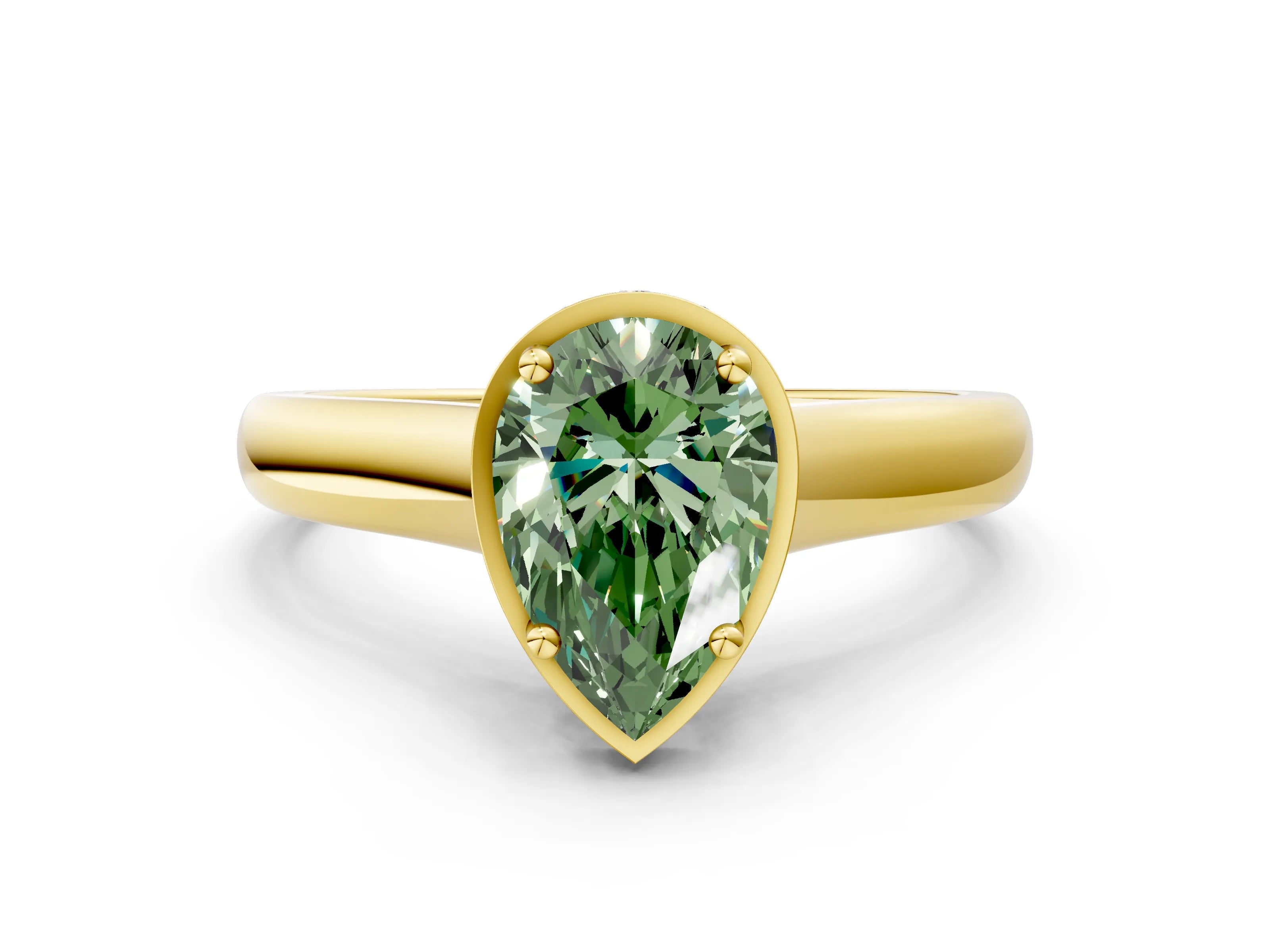Yellow gold Fancy Green Pear Cut Solitaire Diamond Engagement Ring with Four-Prong Setting and Tapered Band