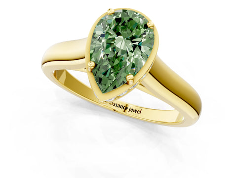 Yellow gold Fancy Green Pear Cut Solitaire Diamond Engagement Ring with Four-Prong Setting and Tapered Band_1