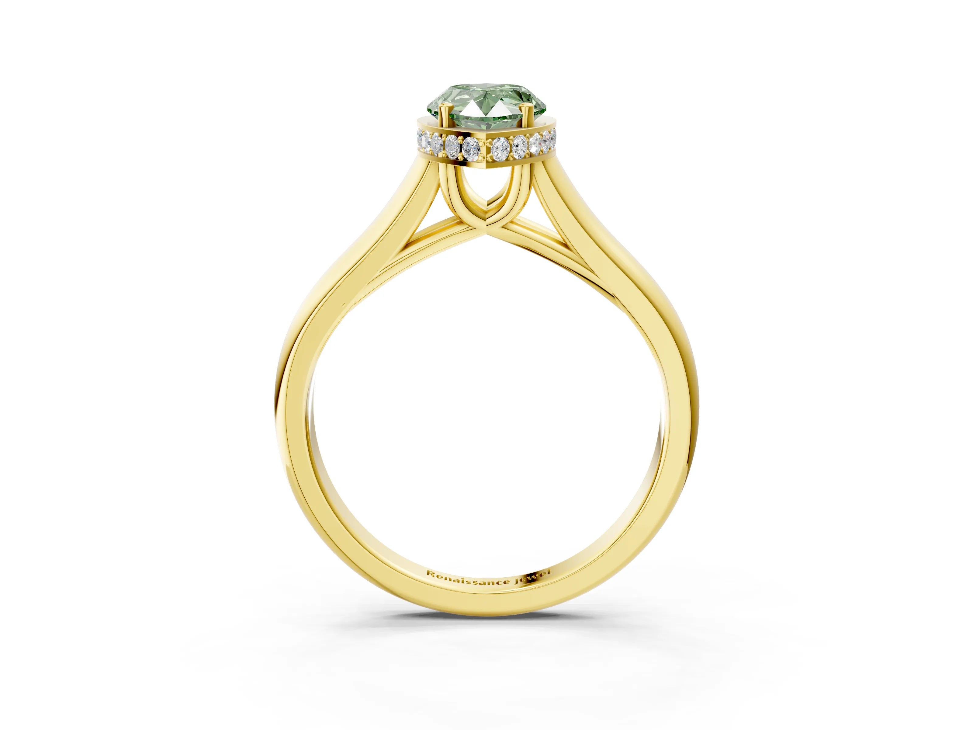 Yellow gold Fancy Green Pear Cut Solitaire Diamond Engagement Ring with Four-Prong Setting and Tapered Band_3