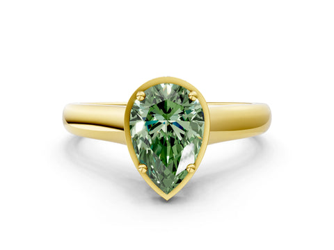 Yellow gold Fancy Green Pear Cut Solitaire Diamond Engagement Ring with Four-Prong Setting and Tapered Band