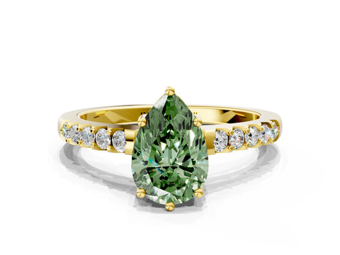Yellow gold Fancy Green Pear Cut Solitaire Diamond Engagement Ring with Pavé Band and Six-Prong Setting_12