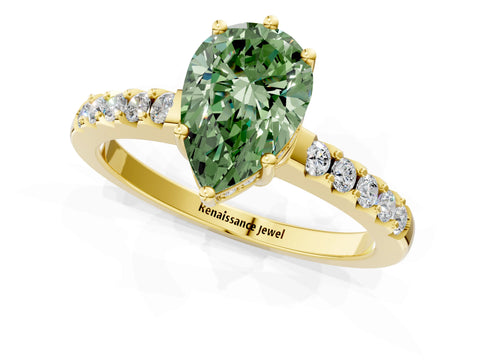 Yellow gold Fancy Green Pear Cut Solitaire Diamond Engagement Ring with Pavé Band and Six-Prong Setting_13
