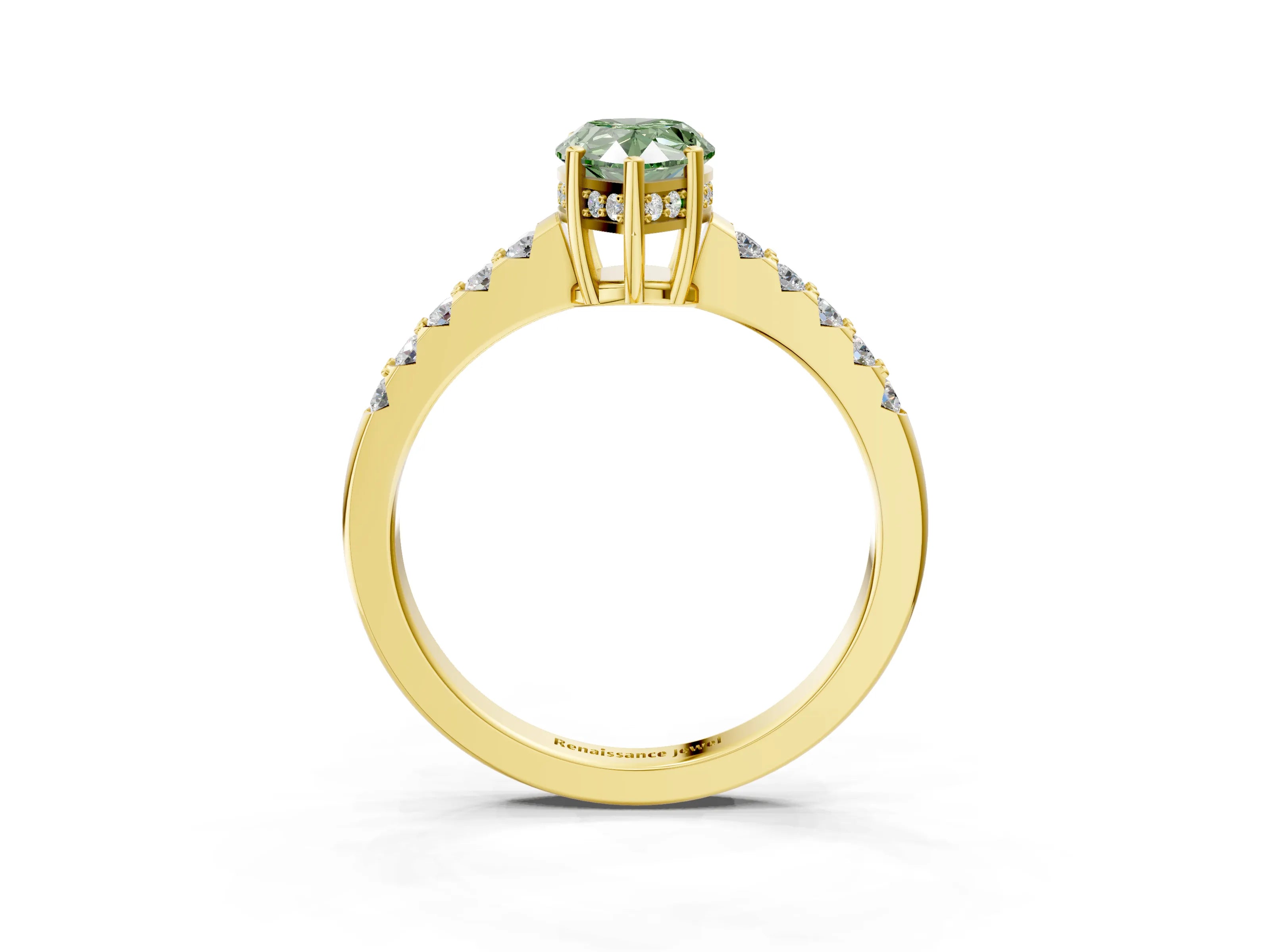 Yellow gold Fancy Green Pear Cut Solitaire Diamond Engagement Ring with Pavé Band and Six-Prong Setting_15