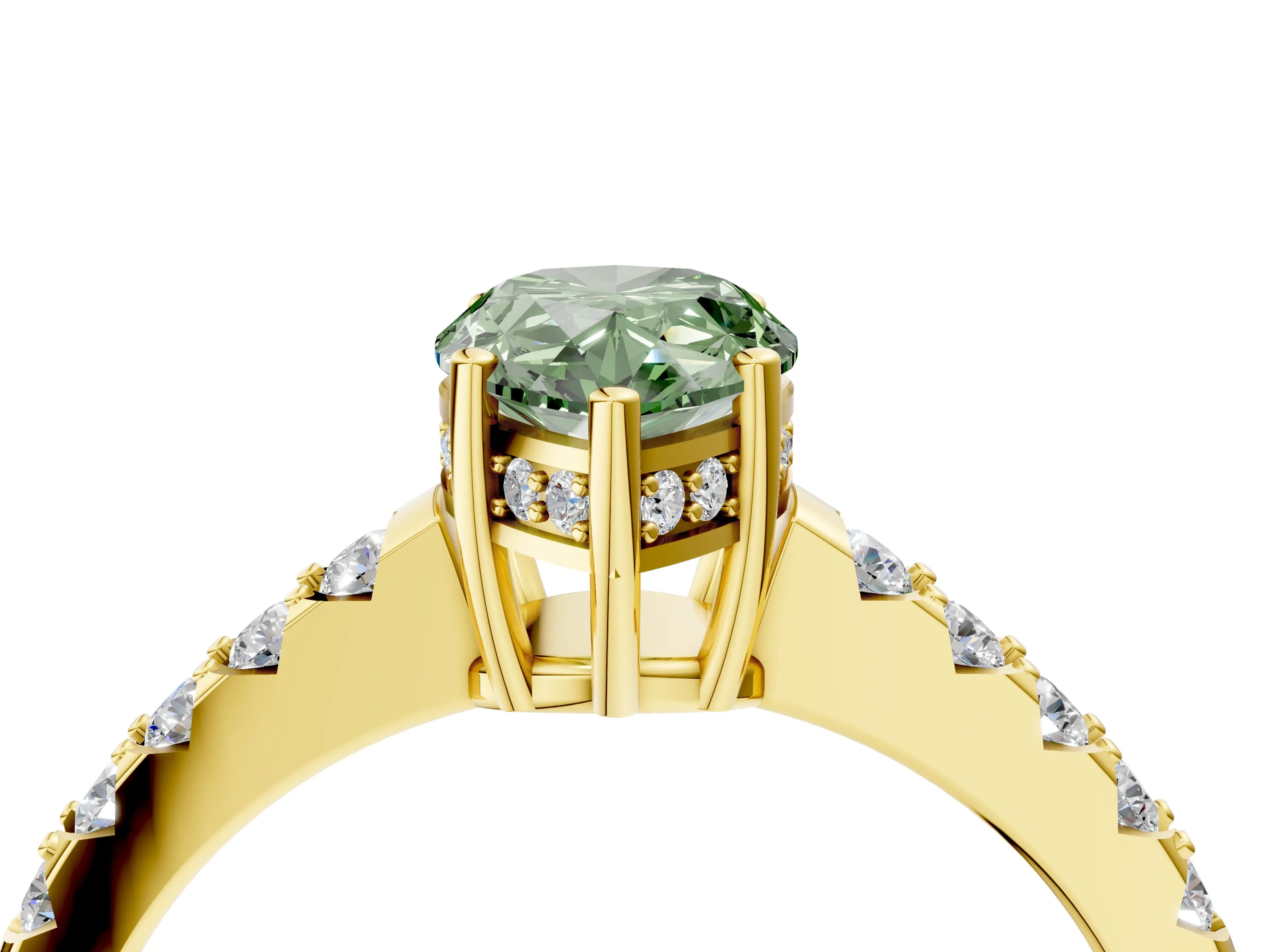 Yellow gold Fancy Green Pear Cut Solitaire Diamond Engagement Ring with Pavé Band and Six-Prong Setting_16