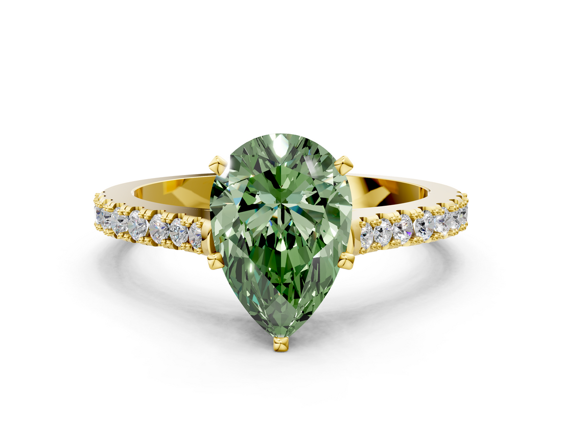 Yellow gold Fancy Green Pear  Cut Solitaire Diamond Engagement Ring with Pave Band and Four-Prong Setting_164