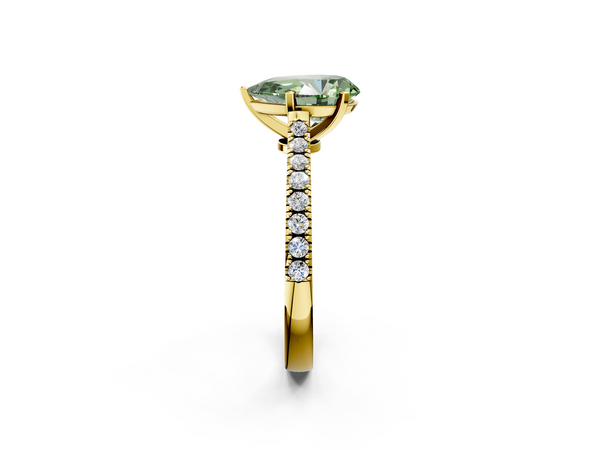 Yellow gold Fancy Green Pear  Cut Solitaire Diamond Engagement Ring with Pave Band and Four-Prong Setting