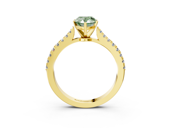 Yellow gold Fancy Green Pear  Cut Solitaire Diamond Engagement Ring with Pave Band and Four-Prong Setting