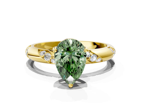 Yellow gold Fancy Green Pear Cut Solitaire Diamond Engagement Ring with Twisted Pave Band and Four-Prong Setting_3