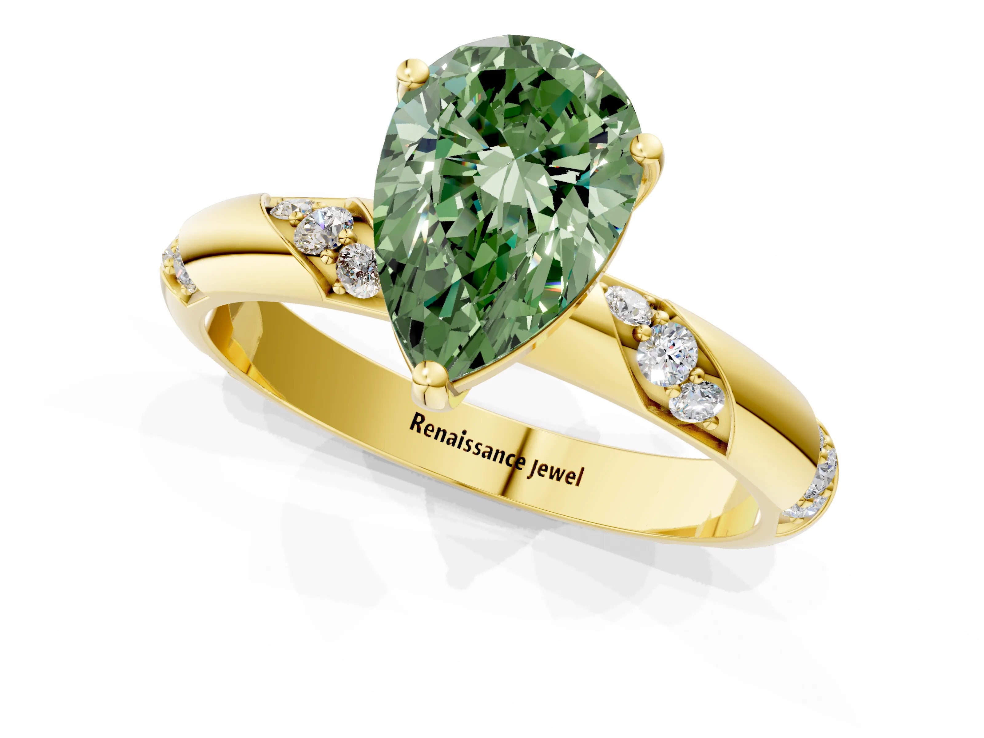 Yellow gold Fancy Green Pear Cut Solitaire Diamond Engagement Ring with Twisted Pave Band and Four-Prong Setting_4