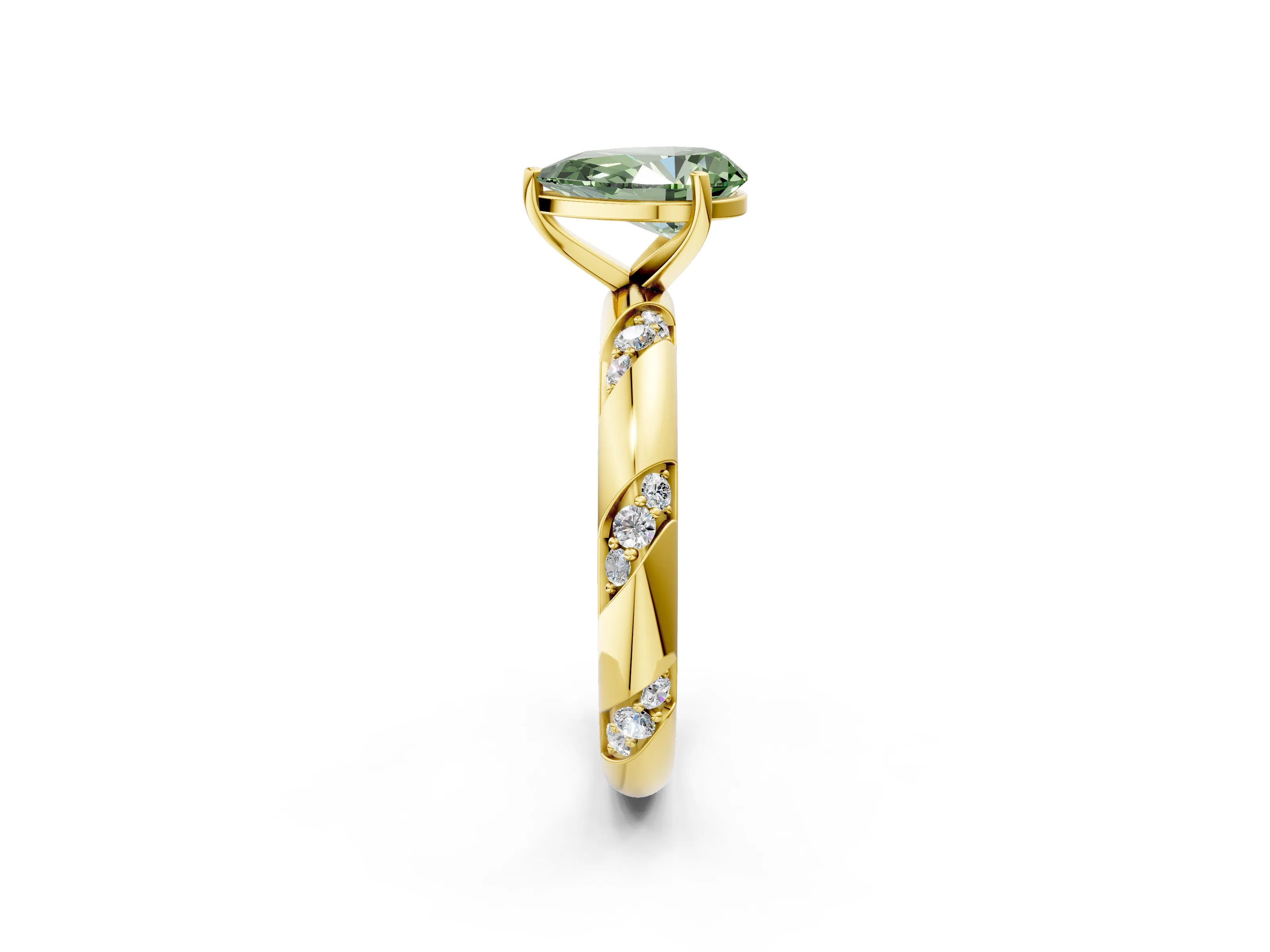 Yellow gold Fancy Green Pear Cut Solitaire Diamond Engagement Ring with Twisted Pave Band and Four-Prong Setting_5