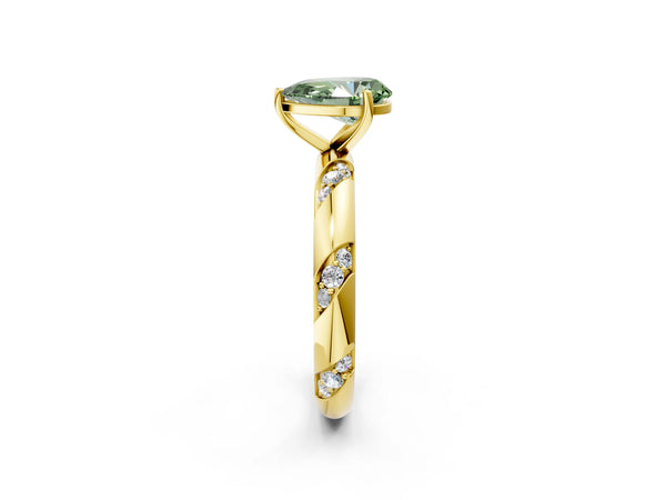 Yellow gold Fancy Green Pear Cut Solitaire Diamond Engagement Ring with Twisted Pave Band and Four-Prong Setting
