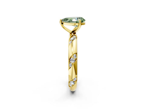 Yellow gold Fancy Green Pear Cut Solitaire Diamond Engagement Ring with Twisted Pave Band and Four-Prong Setting_5