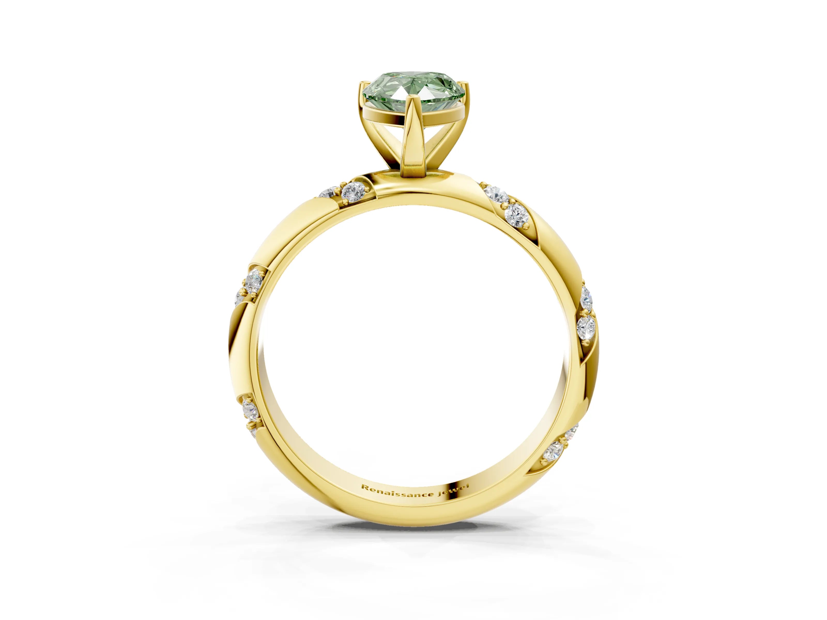 Yellow gold Fancy Green Pear Cut Solitaire Diamond Engagement Ring with Twisted Pave Band and Four-Prong Setting_6