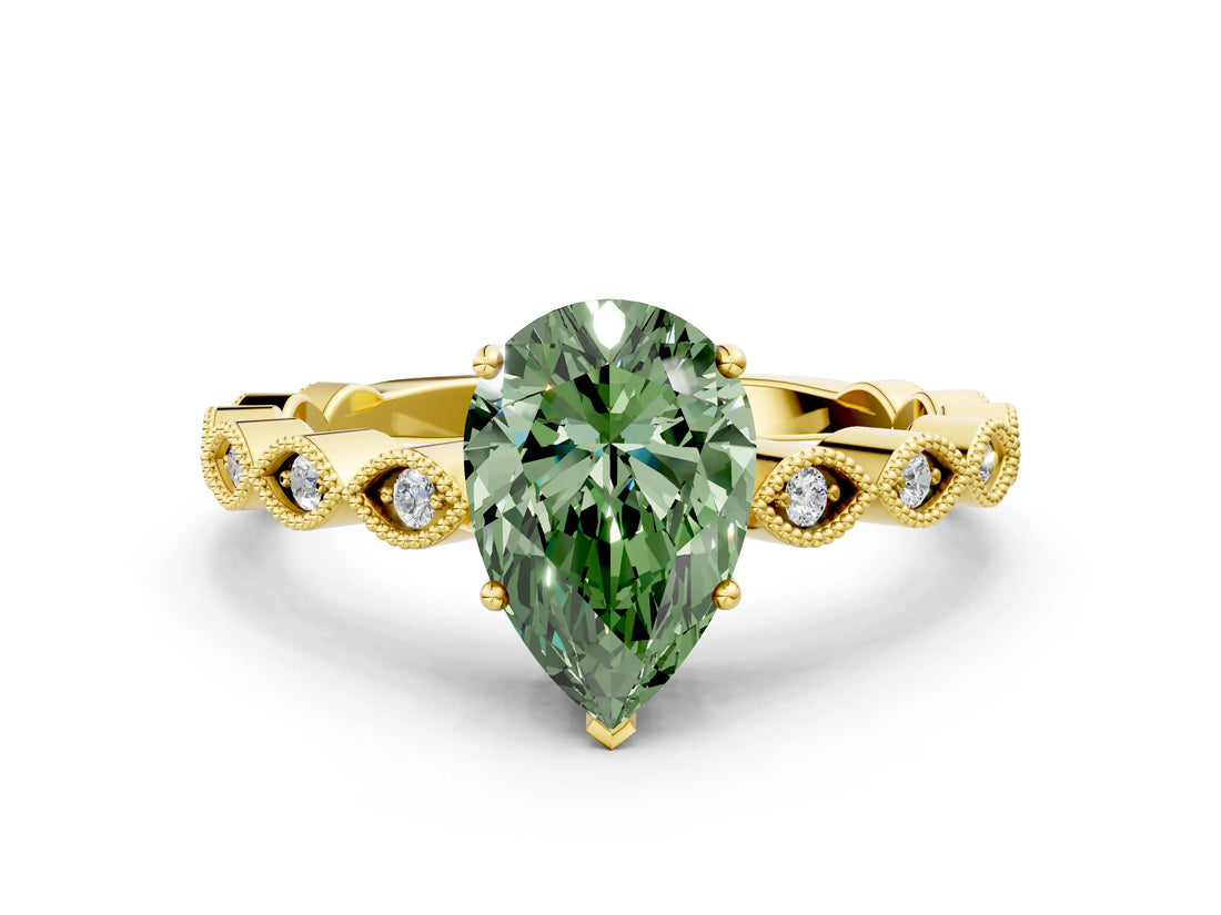 Yellow gold Fancy Green Pear Cut Solitaire Diamond Ring with Infinity Twist Band and Four-Prong Setting