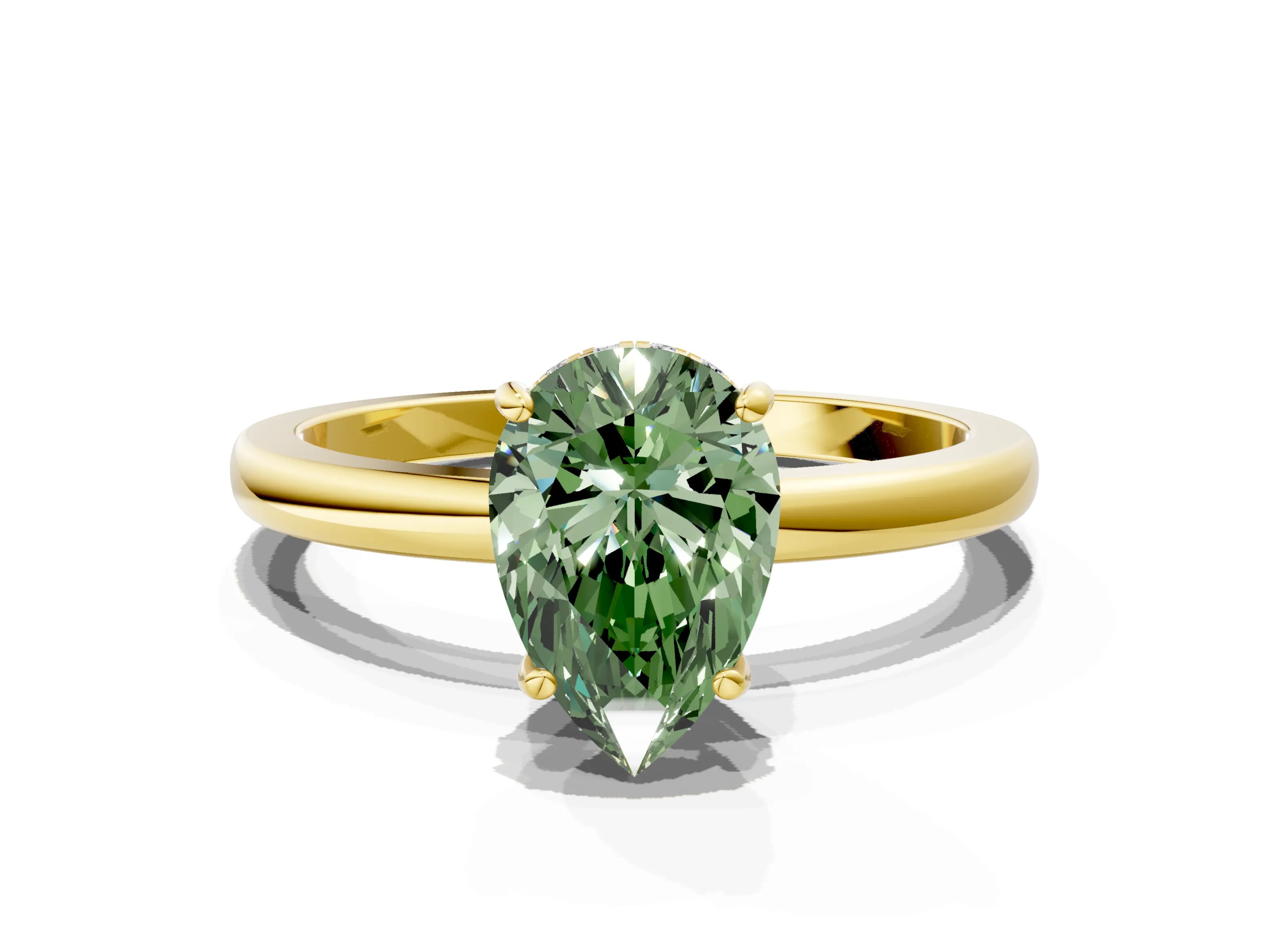 Yellow gold Fancy Green Pear Cut Solitaire Diamond Ring with Prong Setting and Plain Band